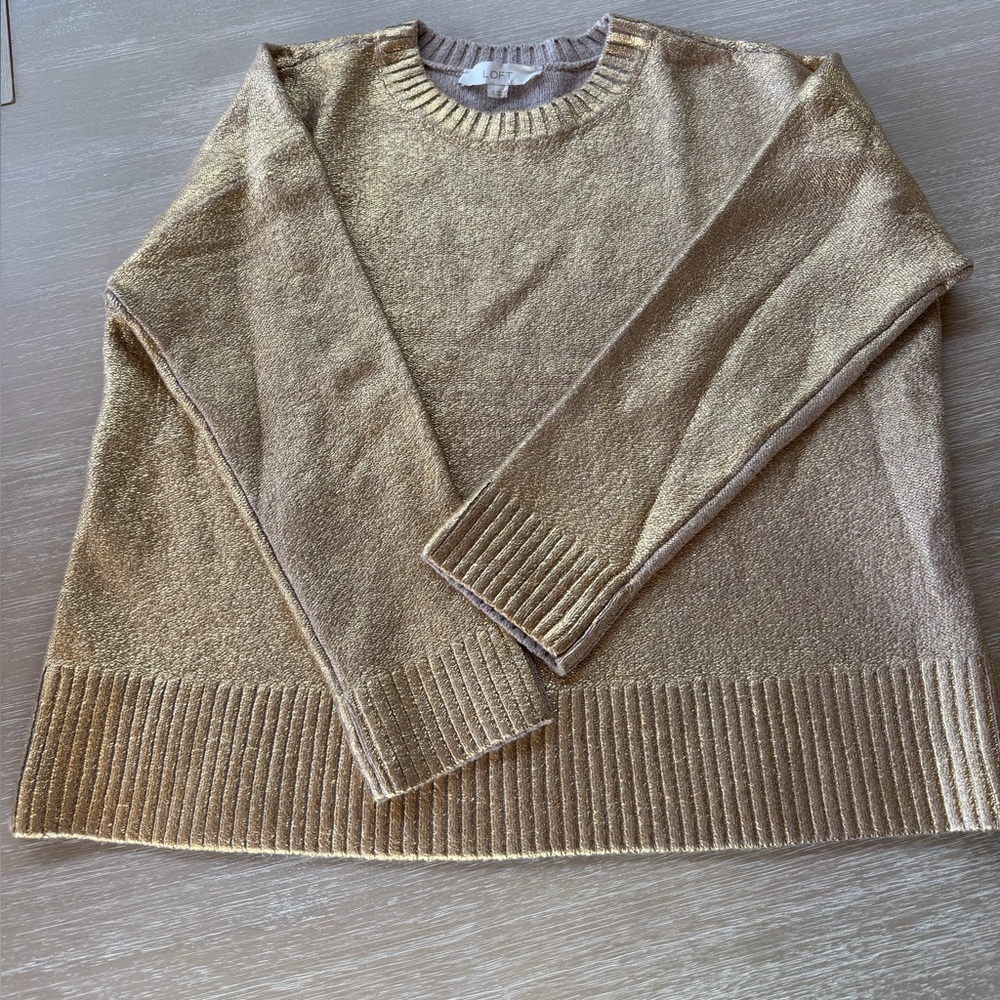 Ann Taylor Loft Metallic Gold Pullover Crewneck Knit Sweater - small